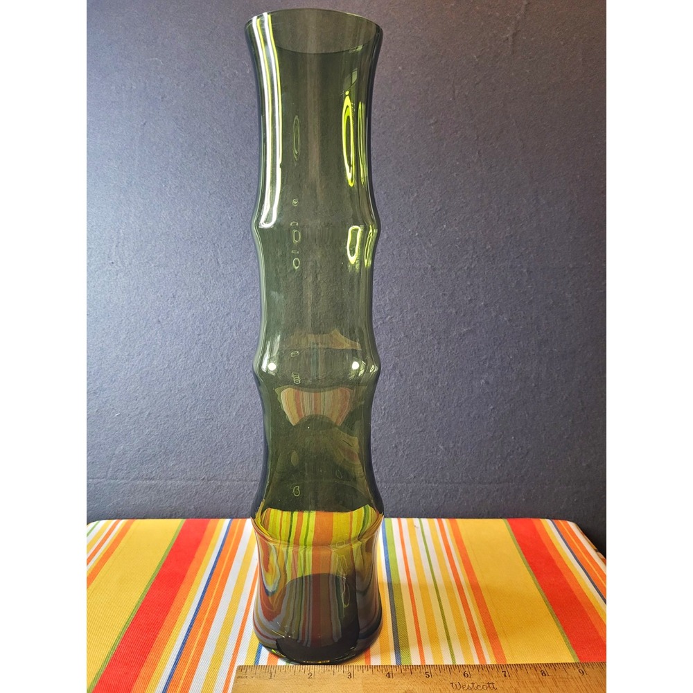 Green Solid Glass Bamboo Vase 16 in Tall x 3 in Wide, Decorative Display Vase